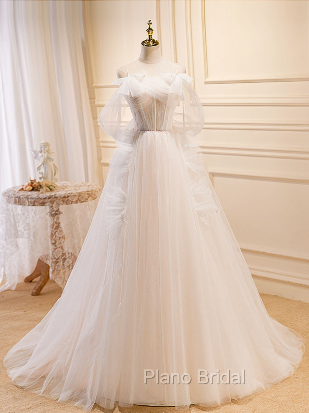 A-Line Light Champagne Long Formal Prom Dresses, Light Champagne Lace Formal Dresses Main image