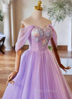 A-Line Light Purple Sweethart Lace Applique Party Dresses, Purple Long Formal Prom Dresses