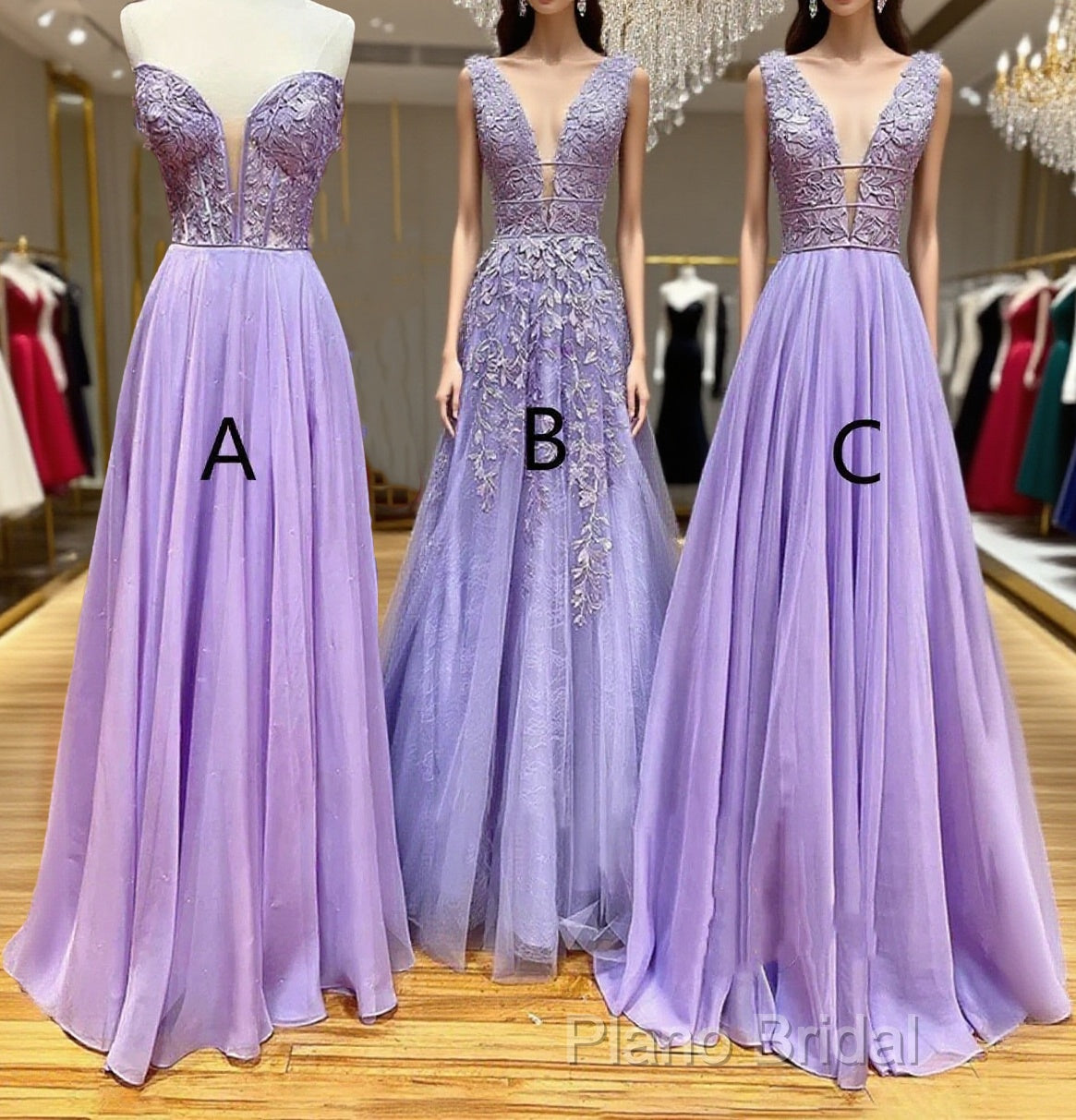 A-Line Long Lace Purple Formal Prom Dresses V-Neck Lilac Party Dresses