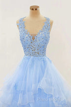 A-Line Long Layers Lace Formal Prom Dresses Light Blue Beaded Appliques