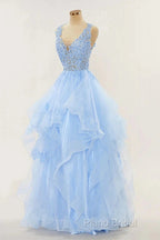 A-Line Long Layers Lace Formal Prom Dresses Light Blue Beaded Appliques