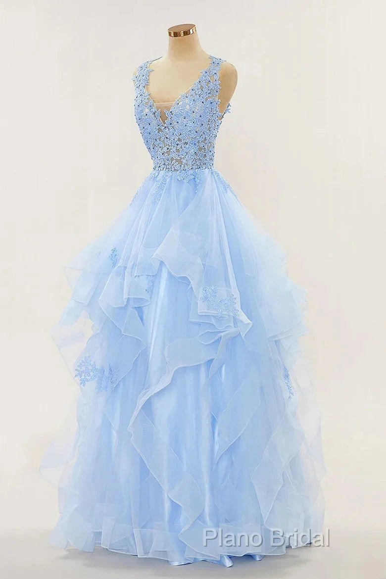 A-Line Long Layers Lace Formal Prom Dresses Light Blue Beaded Appliques