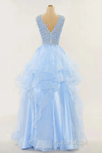 A-Line Long Layers Lace Formal Prom Dresses Light Blue Beaded Appliques