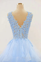 A-Line Long Layers Lace Formal Prom Dresses Light Blue Beaded Appliques