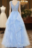 A-Line Long Layers Lace Formal Prom Dresses Light Blue Beaded Appliques