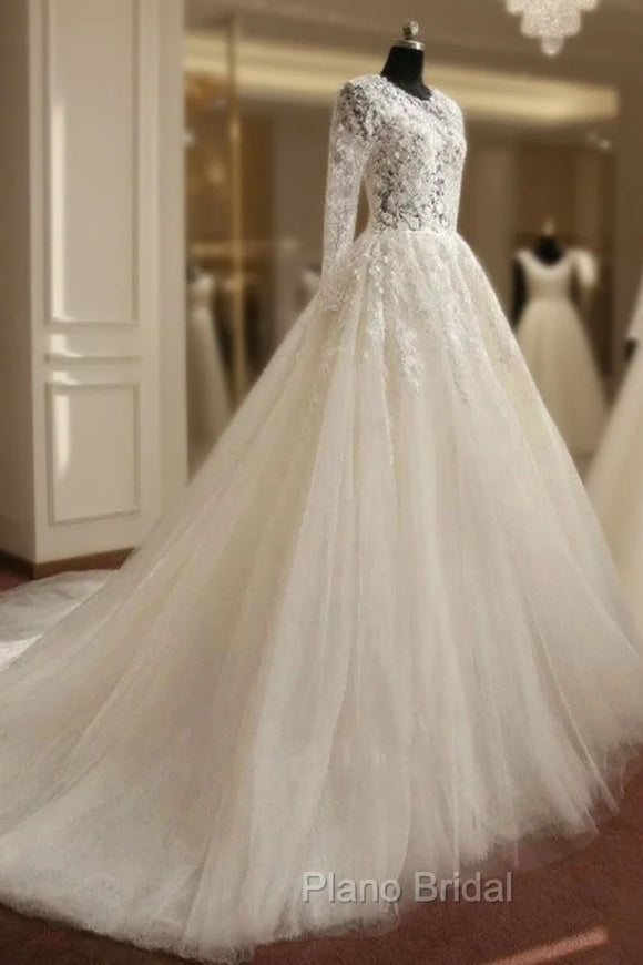 A-Line Long Sleeve Bell Beading Appliques Flower Zipper Keyhole Tulle Lace Dresses