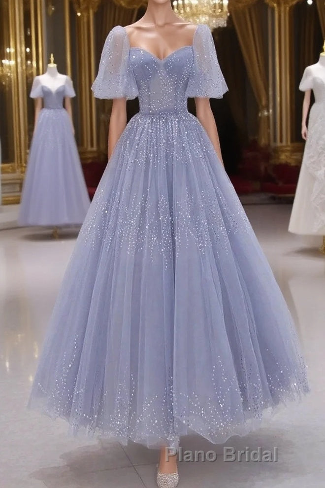 A-Line Long sleeves Beading Gray Blue Long Formal Prom Dress, Gray Blue Formal Dress Main image