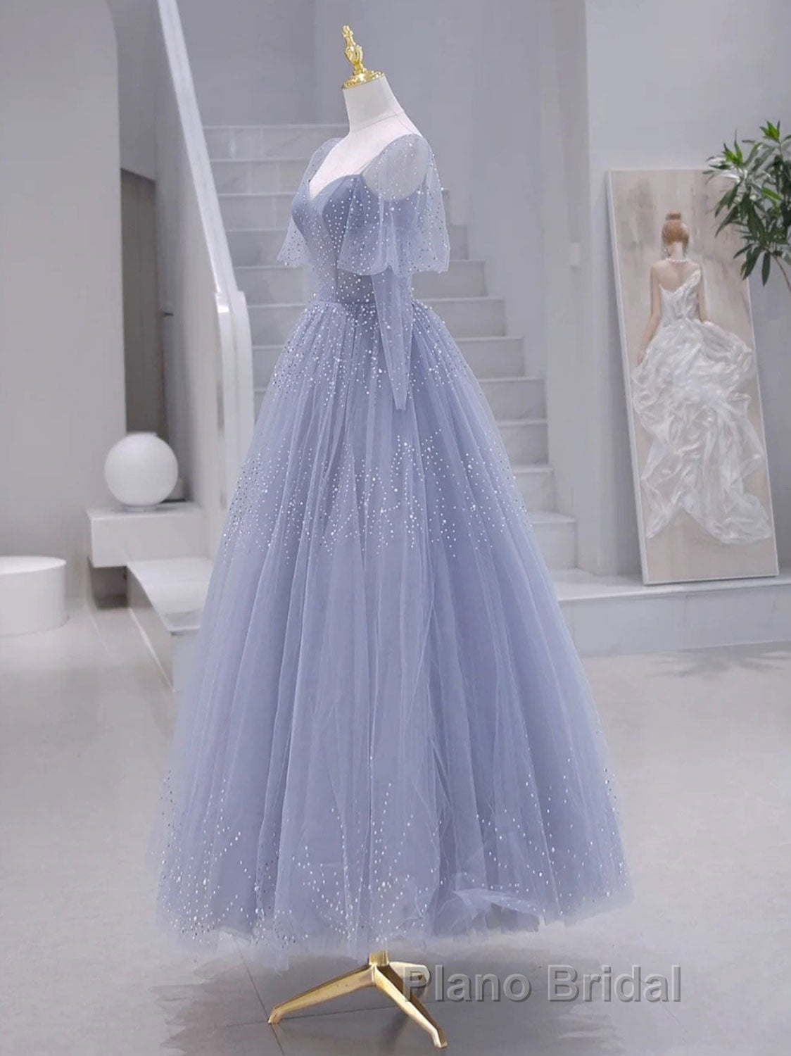 A-Line Long sleeves Beading Gray Blue Long Formal Prom Dress, Gray Blue Formal Dress Secondary image
