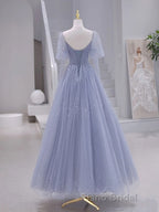 A-Line Long sleeves Beading Gray Blue Long Formal Prom Dress, Gray Blue Formal Dress