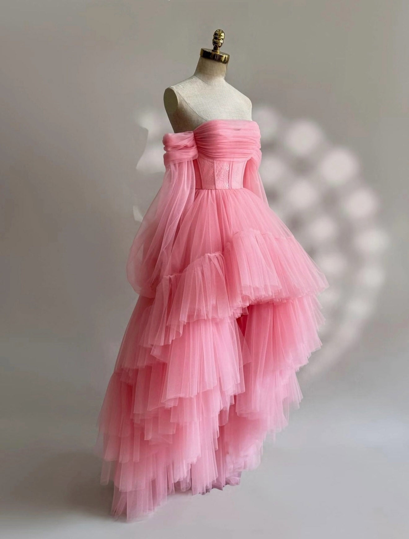 A-Line Long Sleeves High Low Tulle Lace Pink Formal Prom Dresses