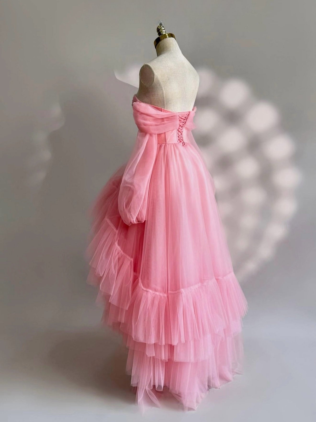 A-Line Long Sleeves High Low Tulle Lace Pink Formal Prom Dresses