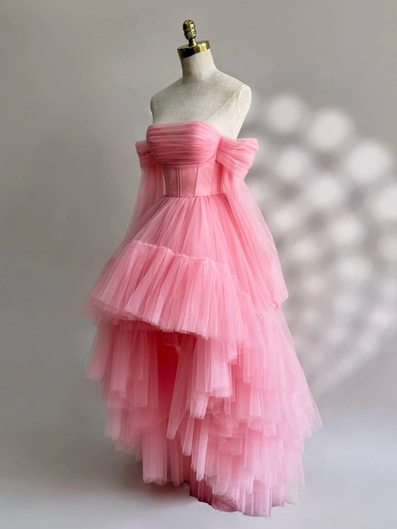 A-Line Long Sleeves High Low Tulle Lace Pink Formal Prom Dresses