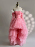 A-Line Long Sleeves High Low Tulle Lace Pink Formal Prom Dresses