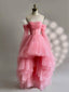 A-Line Long Sleeves High Low Tulle Lace Pink Formal Prom Dresses