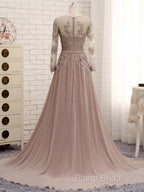 A Line Long Sleeves Lace Formal Prom Dresses Chiffon Formal Gown