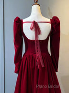 A Line Long Sleeves Red Velvet Formal Prom Dresses
