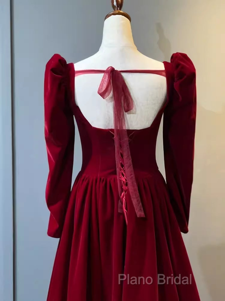 A Line Long Sleeves Red Velvet Formal Prom Dresses