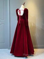 A Line Long Sleeves Red Velvet Formal Prom Dresses