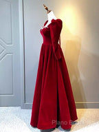 A Line Long Sleeves Red Velvet Formal Prom Dresses