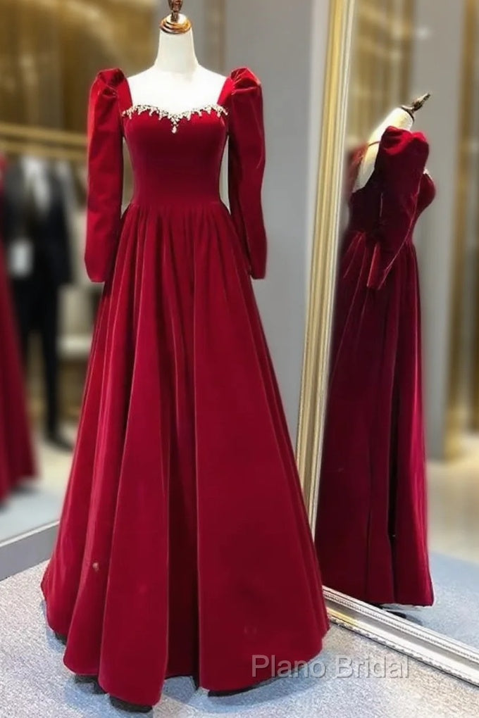 A Line Long Sleeves Red Velvet Formal Prom Dresses Main image