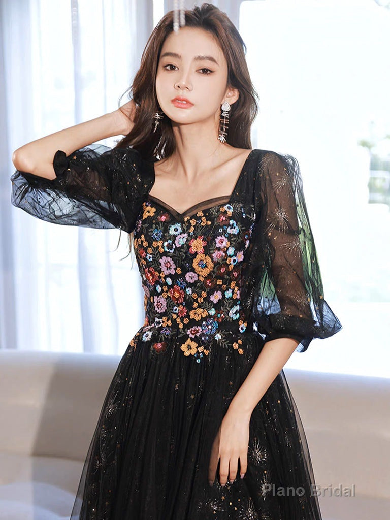 A-Line long sleeves Tulle Lace Black Long Prom Dress, Black Lace Long Formal Dress