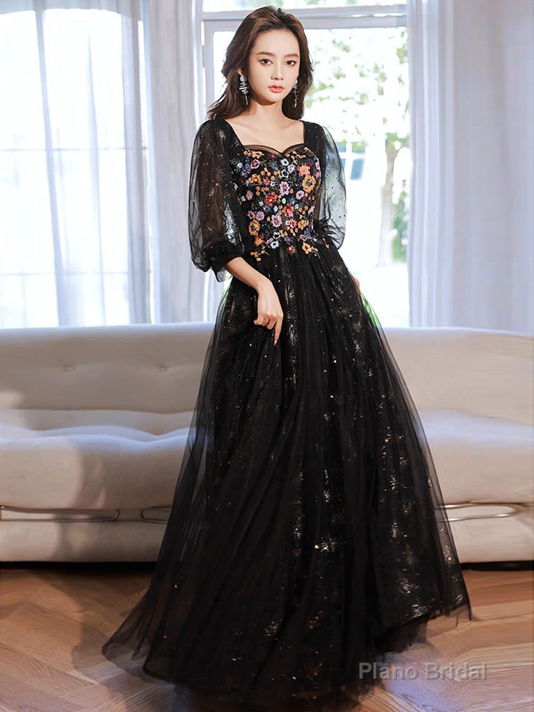 A-Line long sleeves Tulle Lace Black Long Prom Dress, Black Lace Long Formal Dress Main image