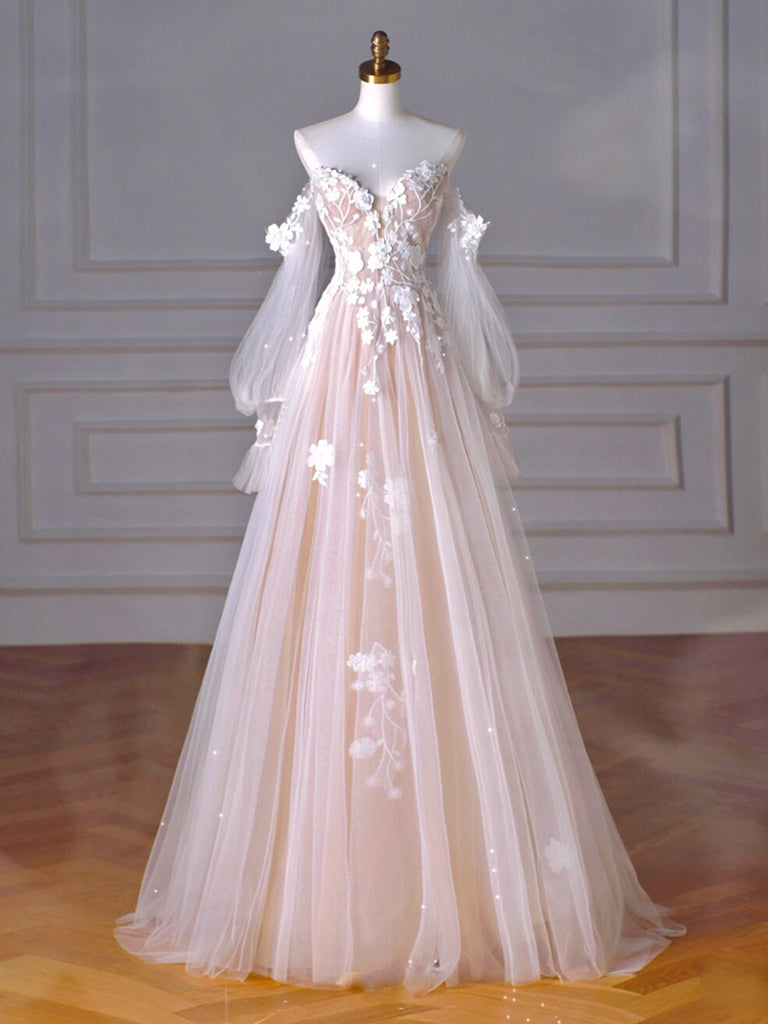 A-Line Long Sleeves Tulle Lace Champagne Long Formal Prom Dresses, Champagne Long Formal Dresses Main image