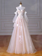 A-Line Long Sleeves Tulle Lace Champagne Long Formal Prom Dresses, Champagne Long Formal Dresses