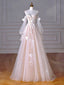 A-Line Long Sleeves Tulle Lace Champagne Long Formal Prom Dresses, Champagne Long Formal Dresses