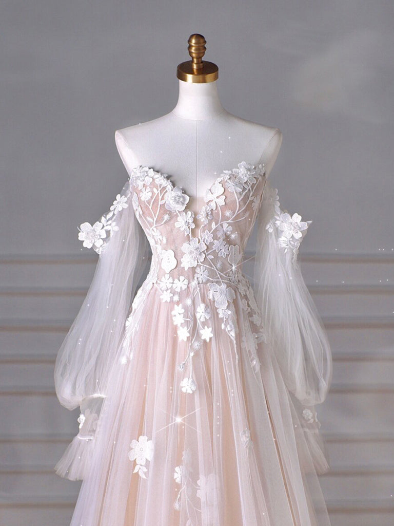 A-Line Long Sleeves Tulle Lace Champagne Long Formal Prom Dresses, Champagne Long Formal Dresses Secondary image