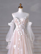 A-Line Long Sleeves Tulle Lace Champagne Long Formal Prom Dresses, Champagne Long Formal Dresses