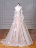 A-Line Long Sleeves Tulle Lace Champagne Long Formal Prom Dresses, Champagne Long Formal Dresses