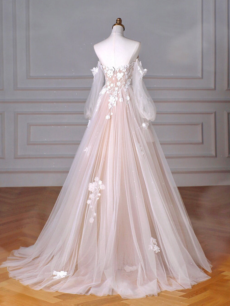 A-Line Long Sleeves Tulle Lace Champagne Long Formal Prom Dresses, Champagne Long Formal Dresses
