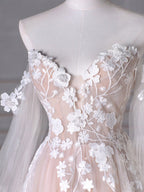 A-Line Long Sleeves Tulle Lace Champagne Long Formal Prom Dresses, Champagne Long Formal Dresses