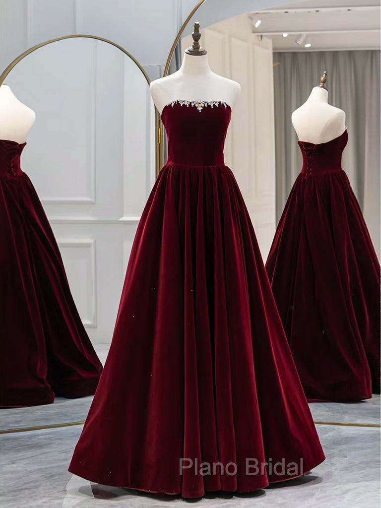 A-Line Long Sleeves Velvet Burgundy Long Formal Prom Dresses, Burgundy Long Evening Dresses with Beads