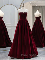 A-Line Long Sleeves Velvet Burgundy Long Formal Prom Dresses, Burgundy Long Evening Dresses with Beads