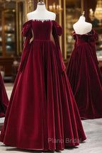 A-Line Long Sleeves Velvet Burgundy Long Formal Prom Dresses, Burgundy Long Evening Dresses with Beads