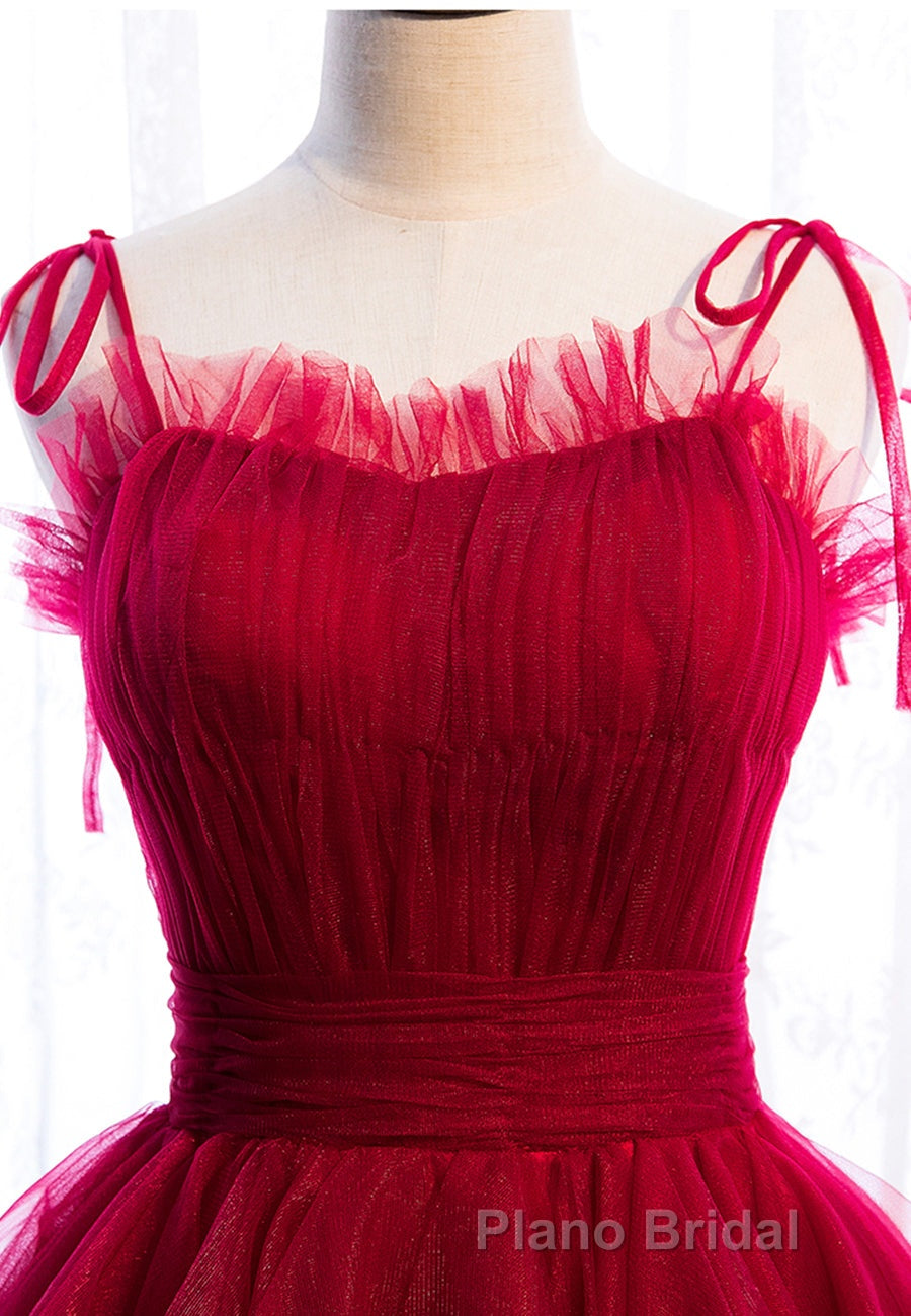 A-Line Long Spaghetti Strap Red Formal Prom Dresses,Black Layers Tulle Evening Dresses