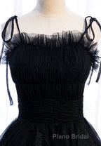 A-Line Long Spaghetti Strap Red Formal Prom Dresses,Black Layers Tulle Evening Dresses