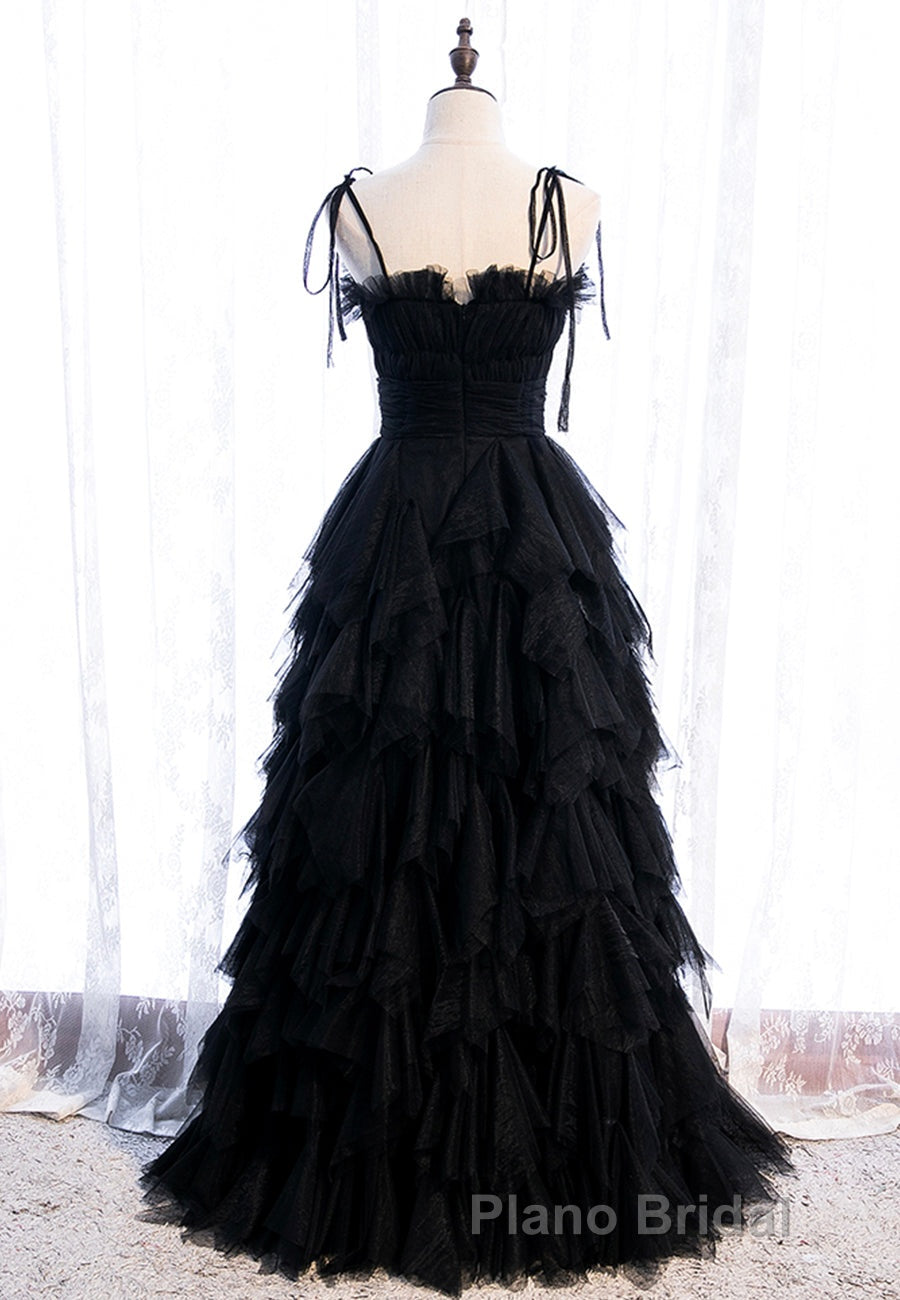 A-Line Long Spaghetti Strap Red Formal Prom Dresses,Black Layers Tulle Evening Dresses