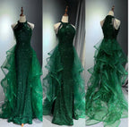 Elegant A-Line Halter Sparkly Sequins Long Formal Prom Dresses  Navy Blue Formal Evening Dresses