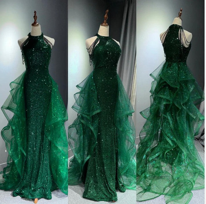 Elegant A-Line Halter Sparkly Sequins Long Formal Prom Dresses  Navy Blue Formal Evening Dresses