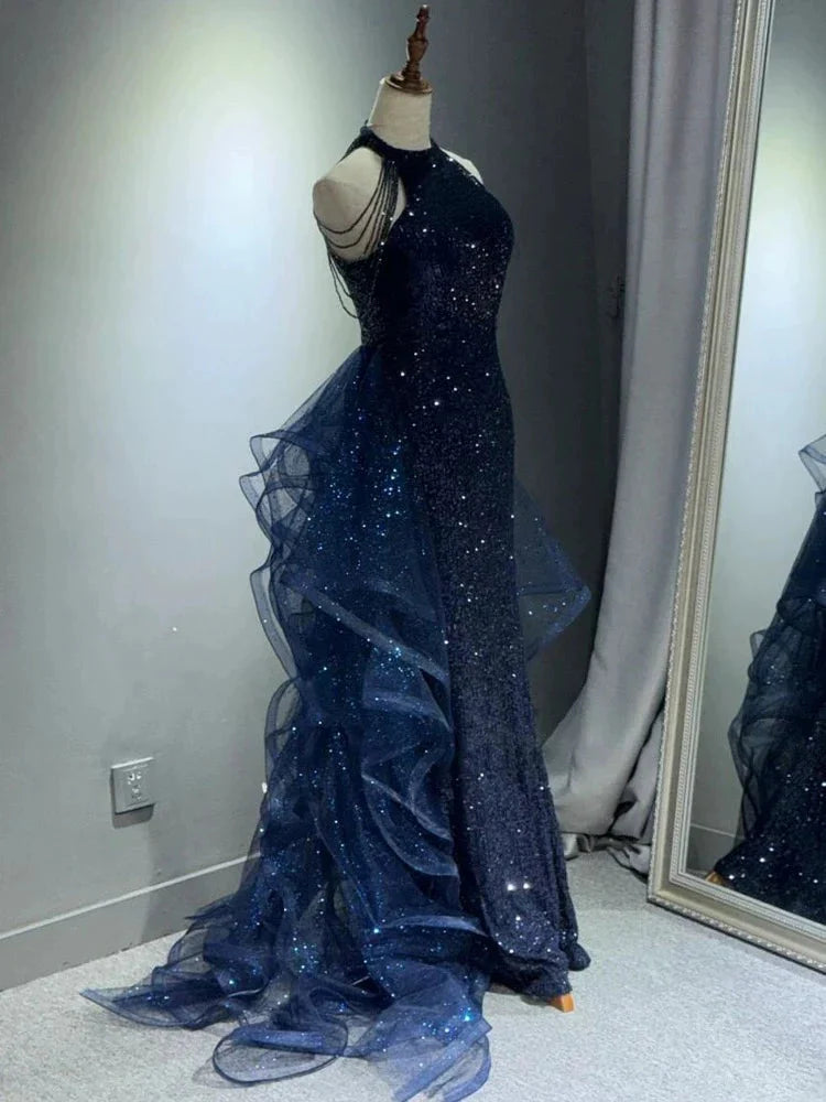 Elegant A-Line Halter Sparkly Sequins Long Formal Prom Dresses  Navy Blue Formal Evening Dresses Secondary image