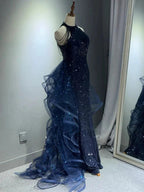 Elegant A-Line Halter Sparkly Sequins Long Formal Prom Dresses  Navy Blue Formal Evening Dresses