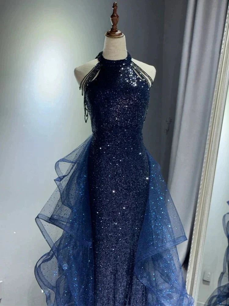 Elegant A-Line Halter Sparkly Sequins Long Formal Prom Dresses  Navy Blue Formal Evening Dresses