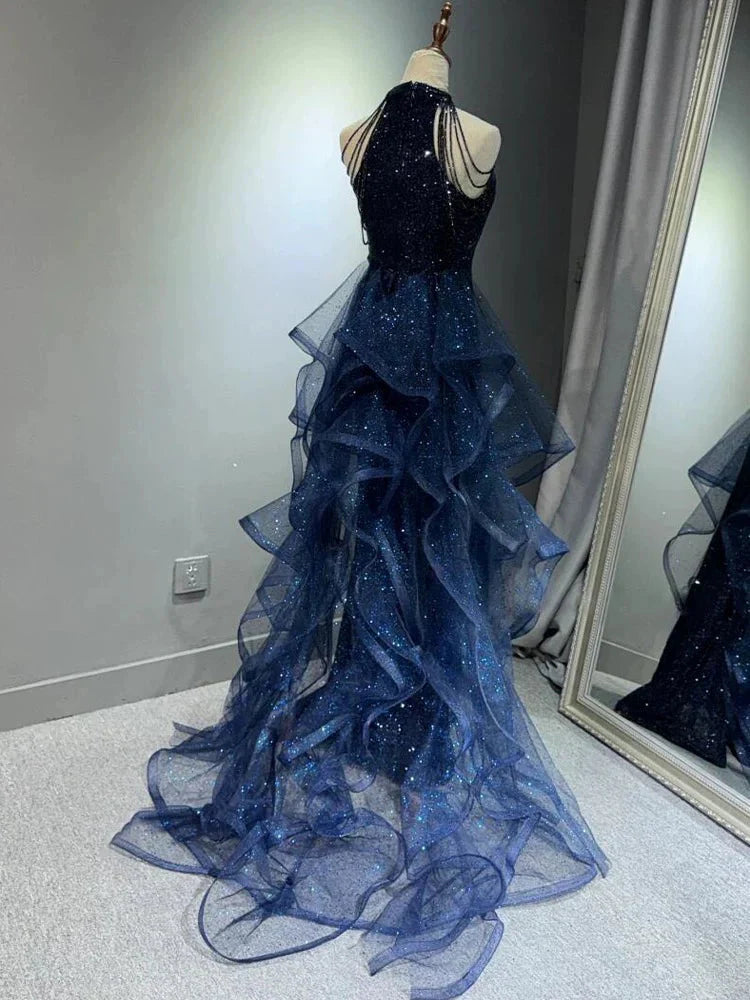 Elegant A-Line Halter Sparkly Sequins Long Formal Prom Dresses  Navy Blue Formal Evening Dresses