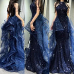 Elegant A-Line Halter Sparkly Sequins Long Formal Prom Dresses  Navy Blue Formal Evening Dresses
