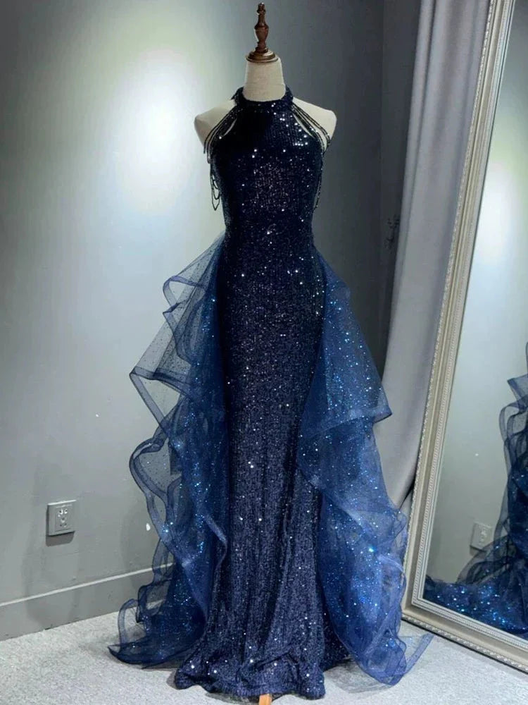 Elegant A-Line Halter Sparkly Sequins Long Formal Prom Dresses  Navy Blue Formal Evening Dresses