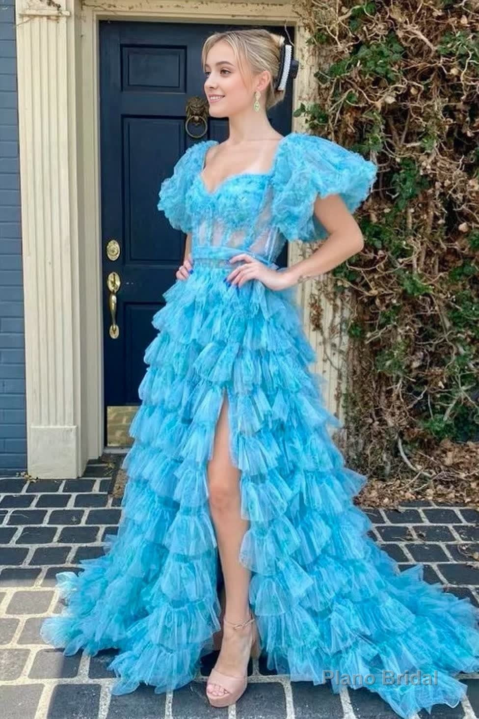 A-line Multi Tiered Printed Tulle Prom Dress with Slit Secondary image