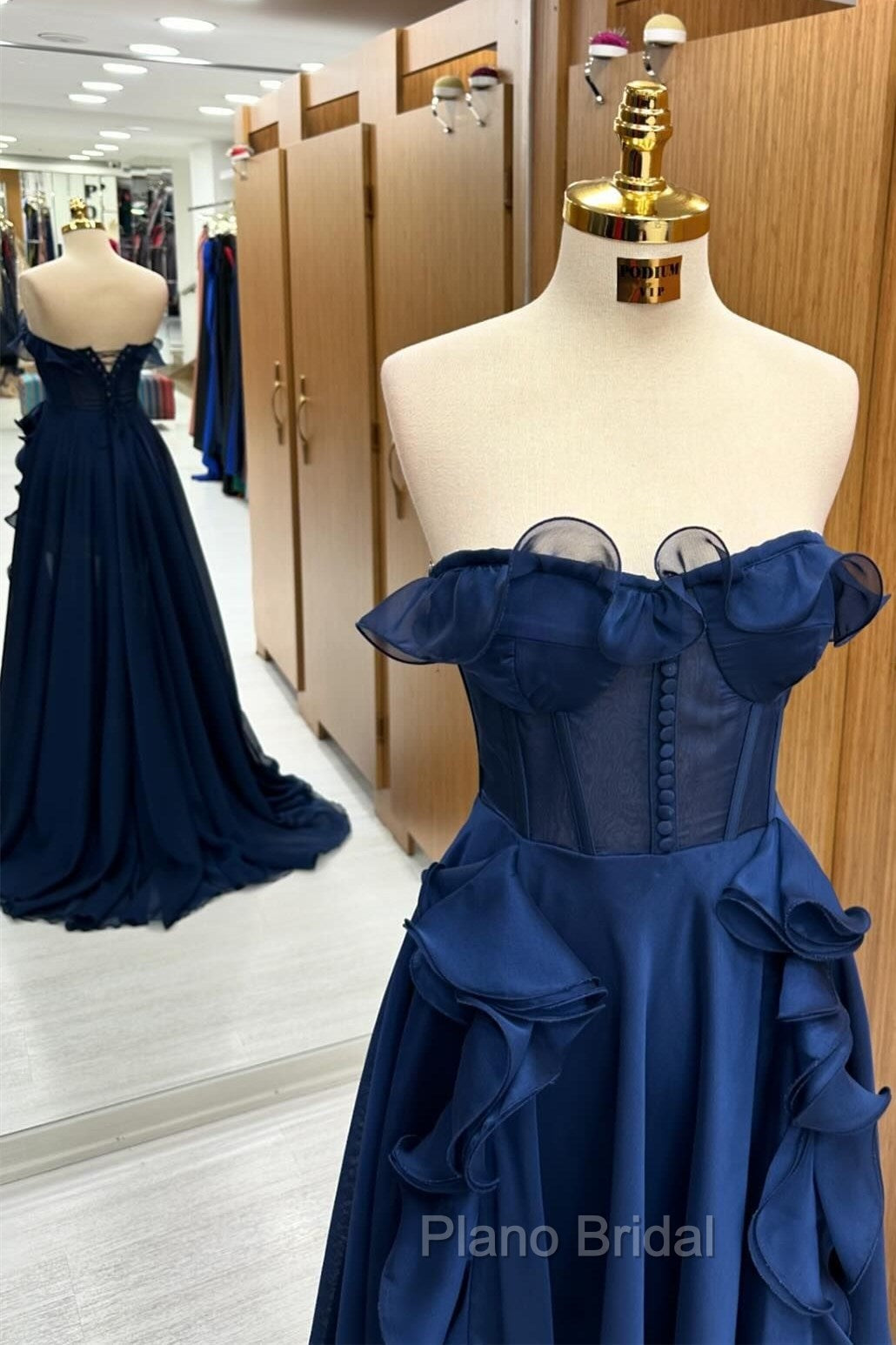 A Line Navy Blue Corset Ruffle Maxi Formal Prom Dresses Secondary image
